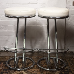 Mid Century White Vinyl & Chrome Bar Stools, Set of 2, 1960s