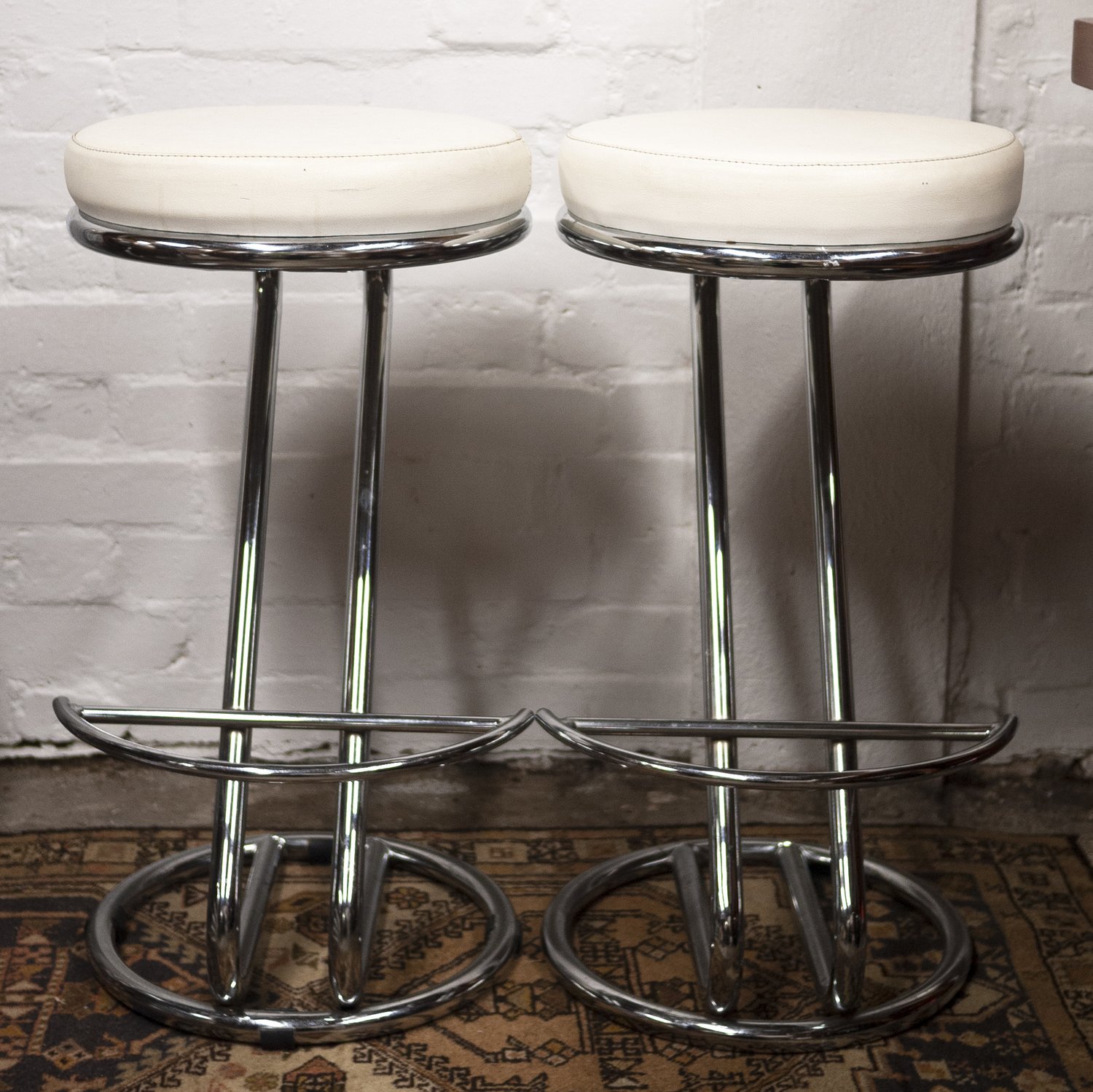 Mid Century White Vinyl & Chrome Bar Stools, Set of 2, 1960s