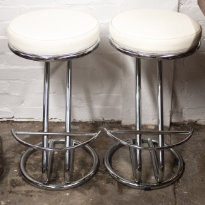 Mid Century White Vinyl & Chrome Bar Stools, Set of 2, 1960s