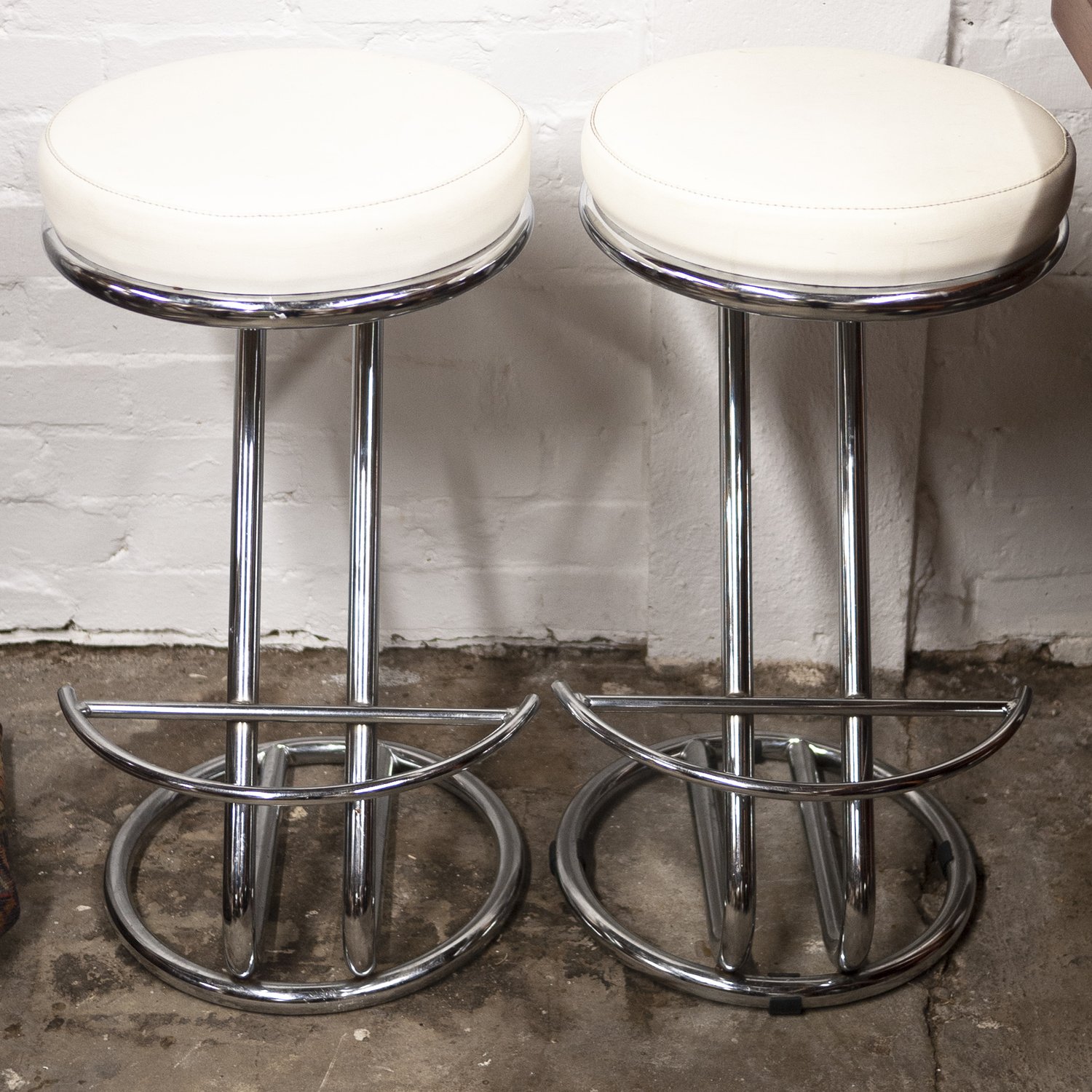 Mid Century White Vinyl & Chrome Bar Stools, Set of 2, 1960s