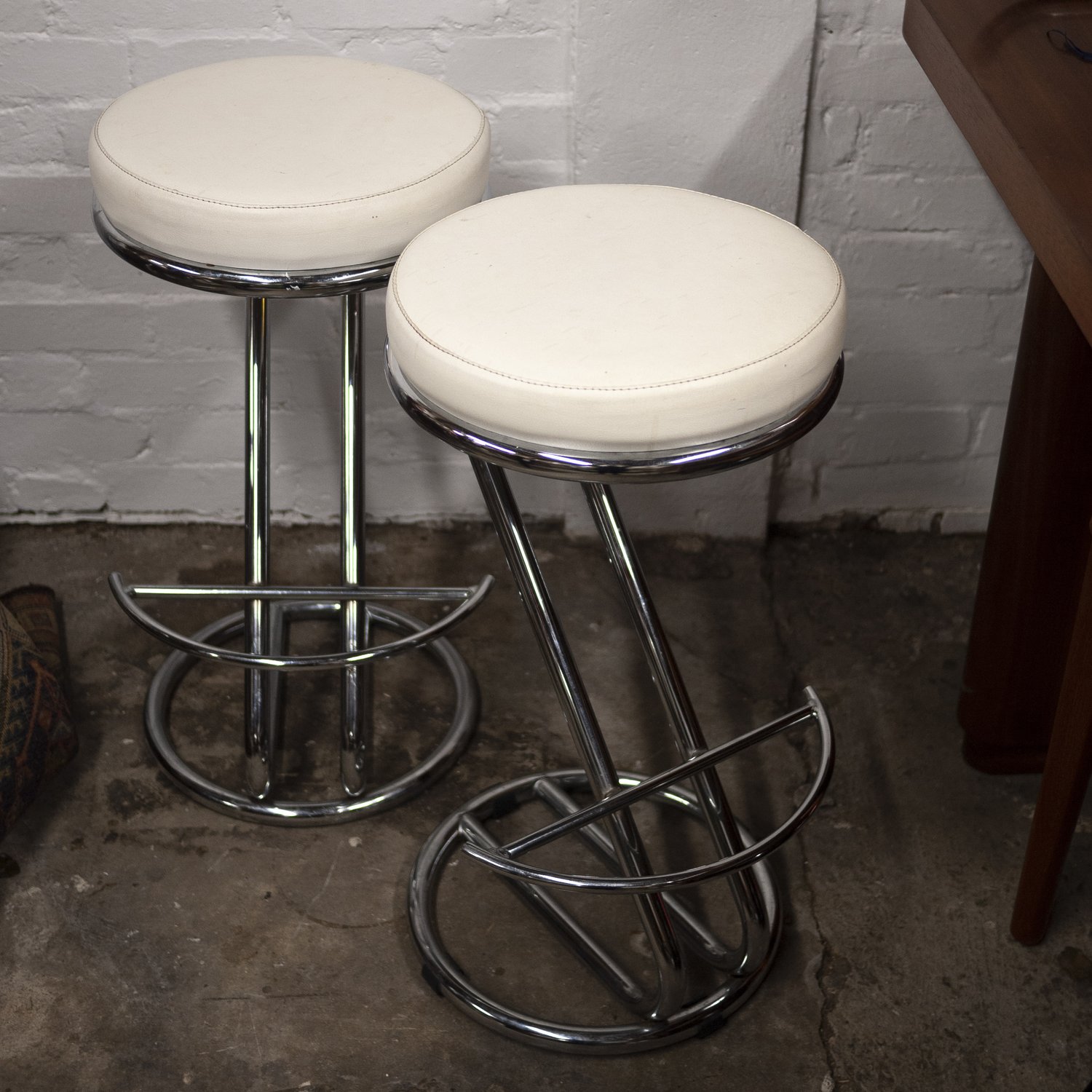 Mid Century White Vinyl & Chrome Bar Stools, Set of 2, 1960s