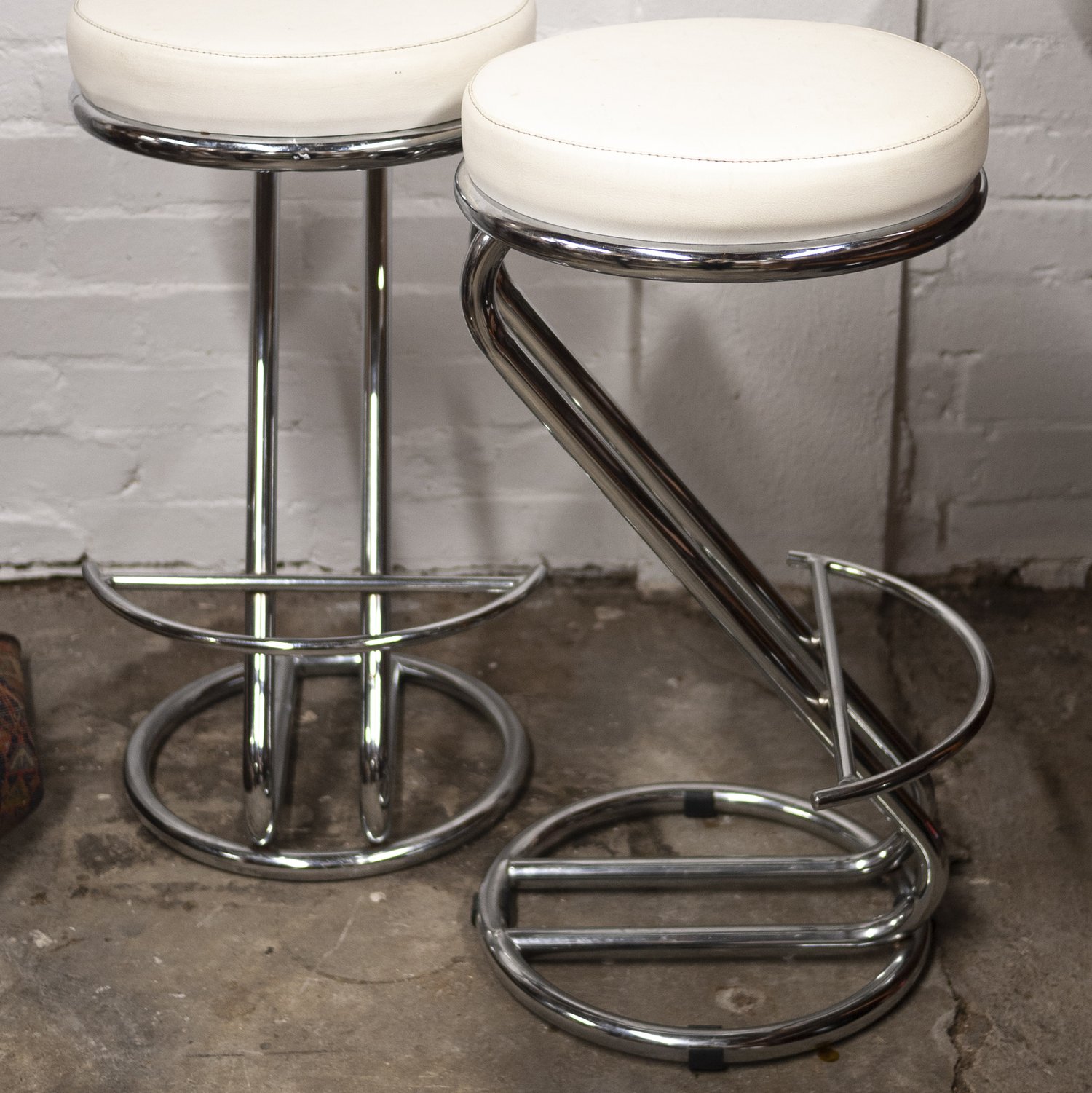 Mid Century White Vinyl & Chrome Bar Stools, Set of 2, 1960s