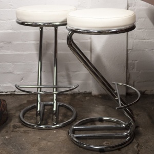 Mid Century White Vinyl & Chrome Bar Stools, Set of 2, 1960s