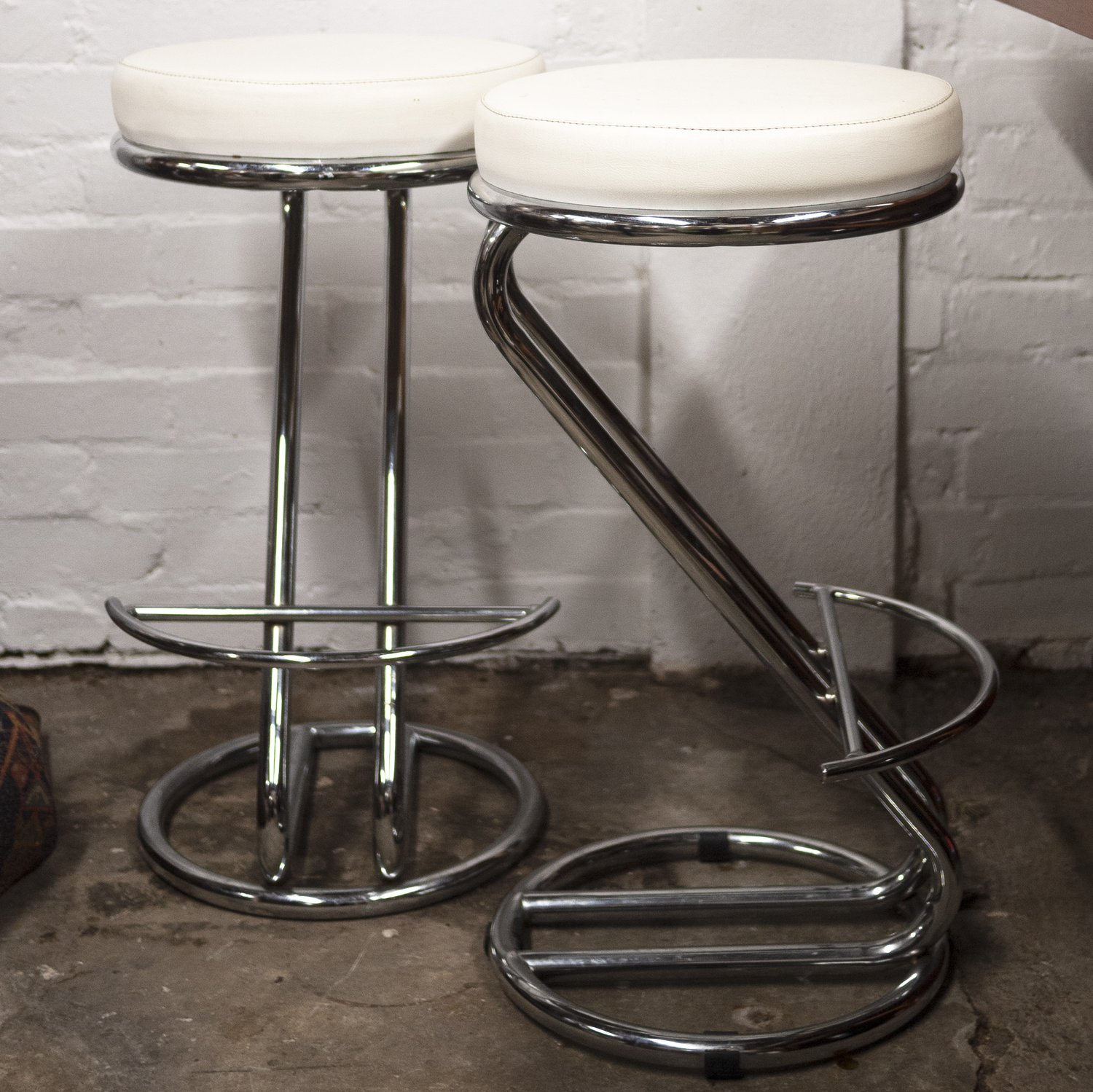 Mid Century White Vinyl & Chrome Bar Stools, Set of 2, 1960s