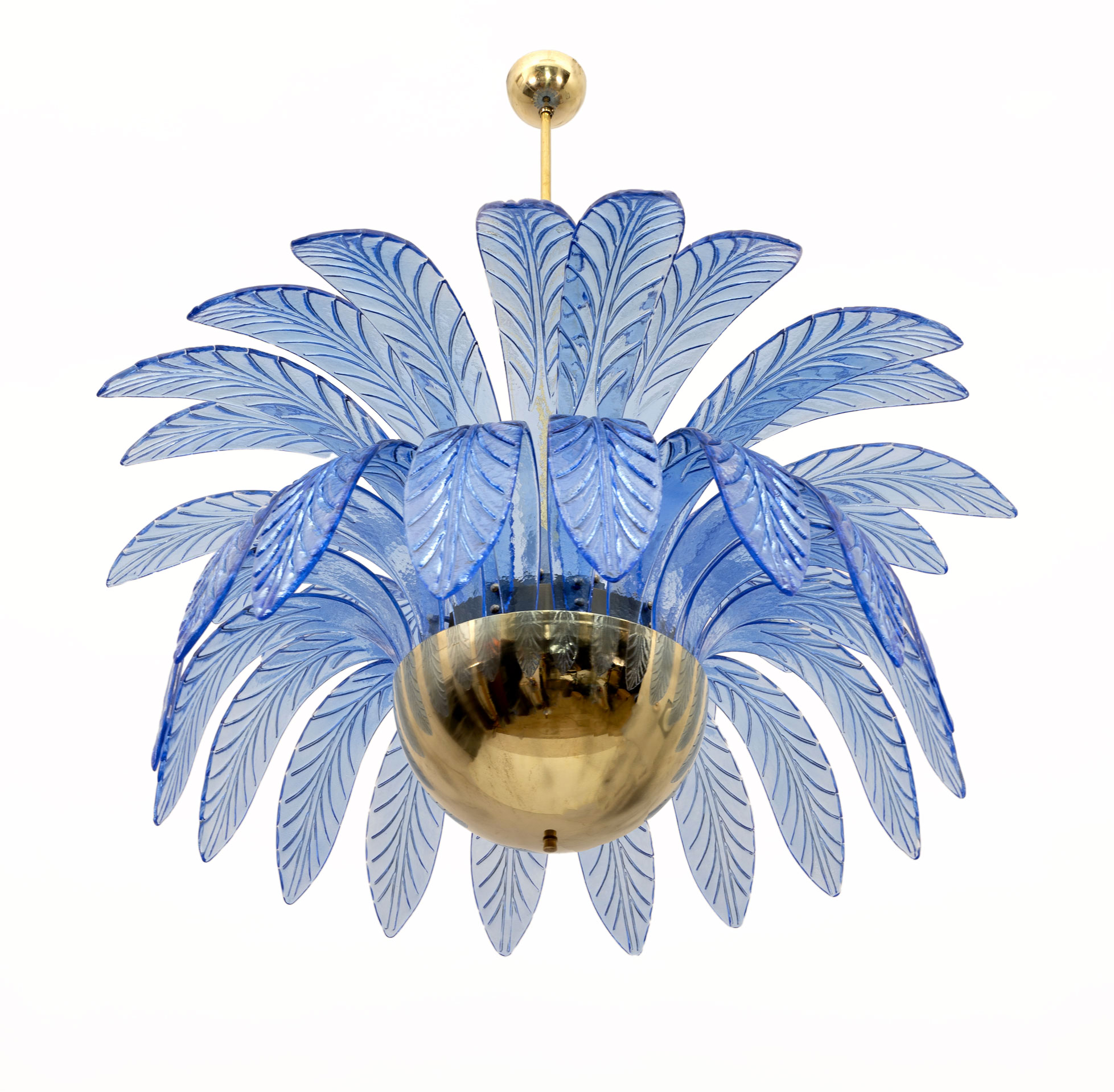 Mid-Century Modern Palm Leaves Big Chandelier Murano Glass and Brass, 1970s