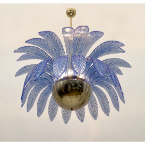 Mid-Century Modern Palm Leaves Big Chandelier Murano Glass and Brass, 1970s
