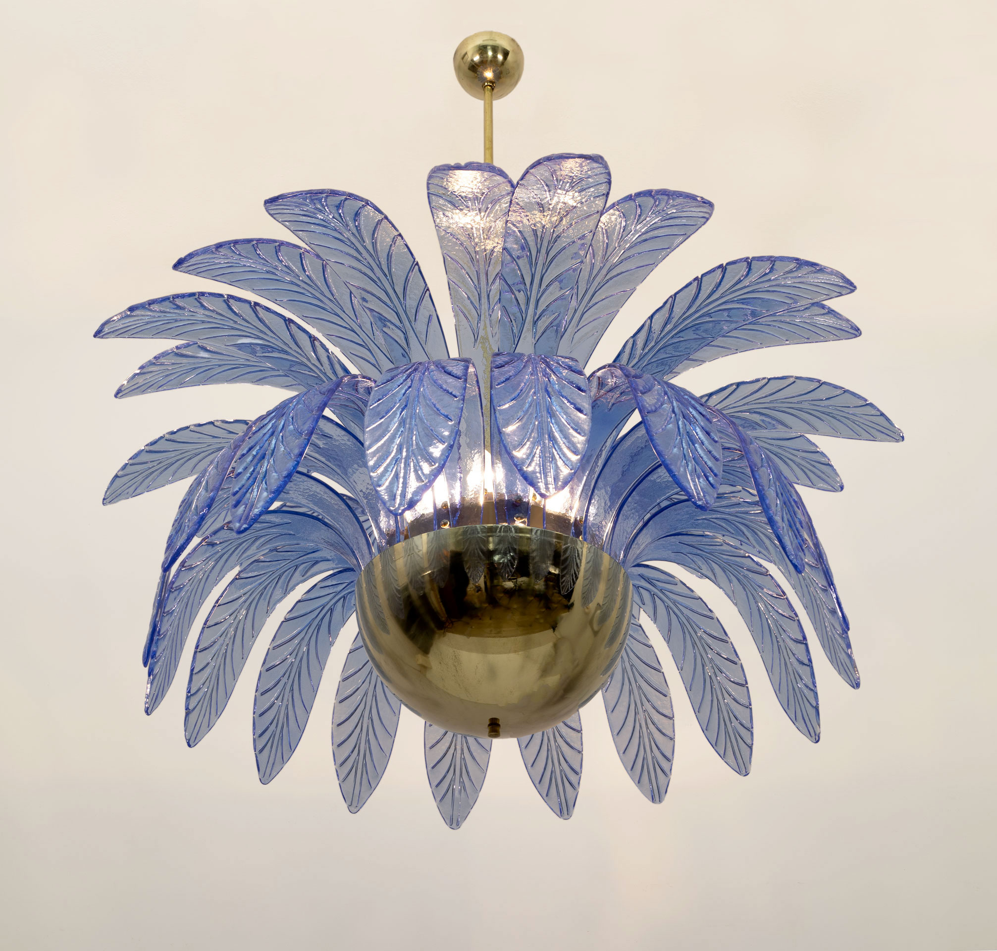 Mid-Century Modern Palm Leaves Big Chandelier Murano Glass and Brass, 1970s