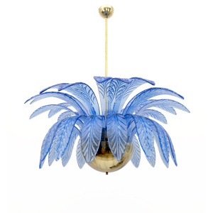 Mid-Century Modern Palm Leaves Big Chandelier Murano Glass and Brass, 1970s