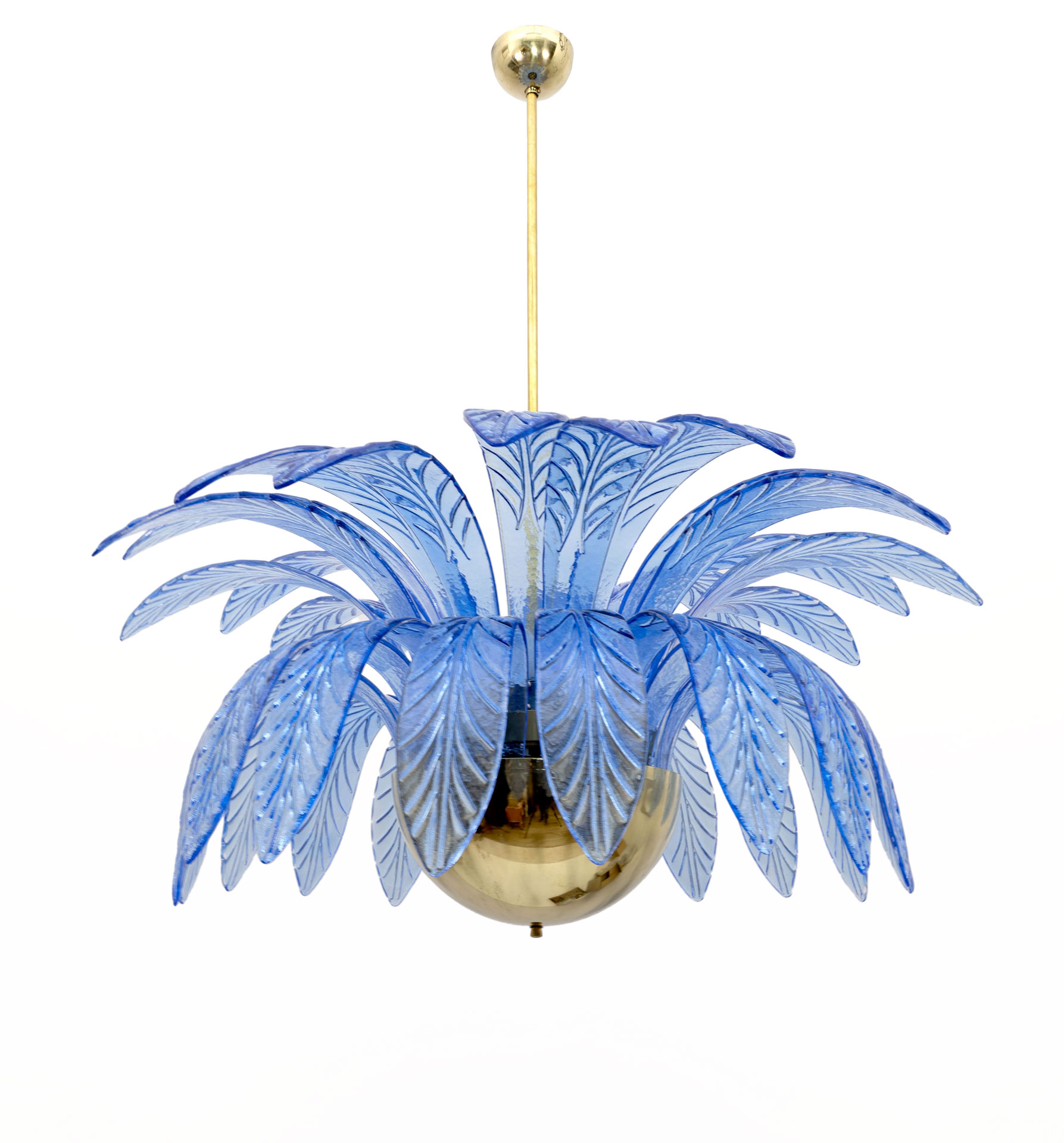 Mid-Century Modern Palm Leaves Big Chandelier Murano Glass and Brass, 1970s