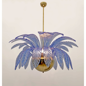 Mid-Century Modern Palm Leaves Big Chandelier Murano Glass and Brass, 1970s