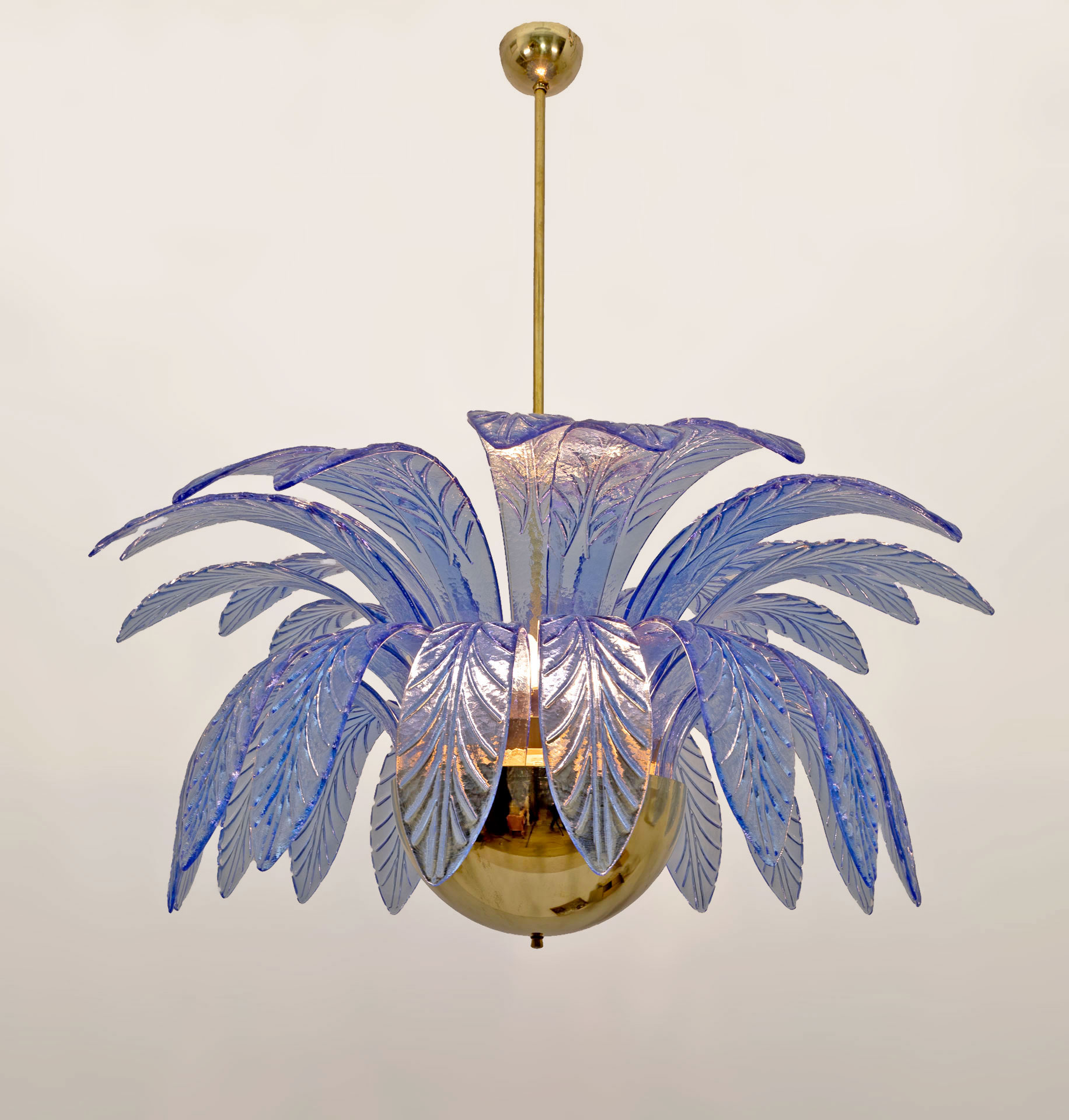 Mid-Century Modern Palm Leaves Big Chandelier Murano Glass and Brass, 1970s