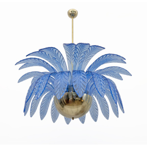 Mid-Century Modern Palm Leaves Big Chandelier Murano Glass and Brass, 1970s