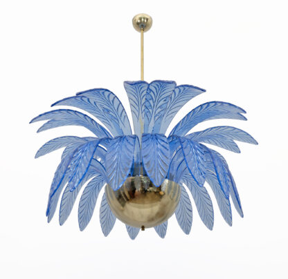 Mid-Century Modern Palm Leaves Big Chandelier Murano Glass and Brass, 1970s