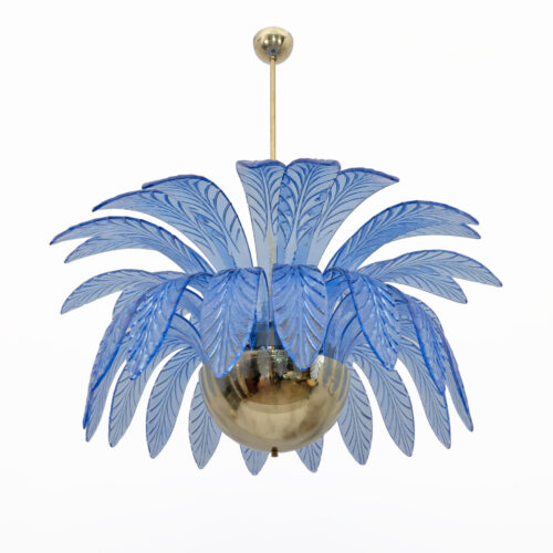 Mid-Century Modern Palm Leaves Big Chandelier Murano Glass and Brass, 1970s