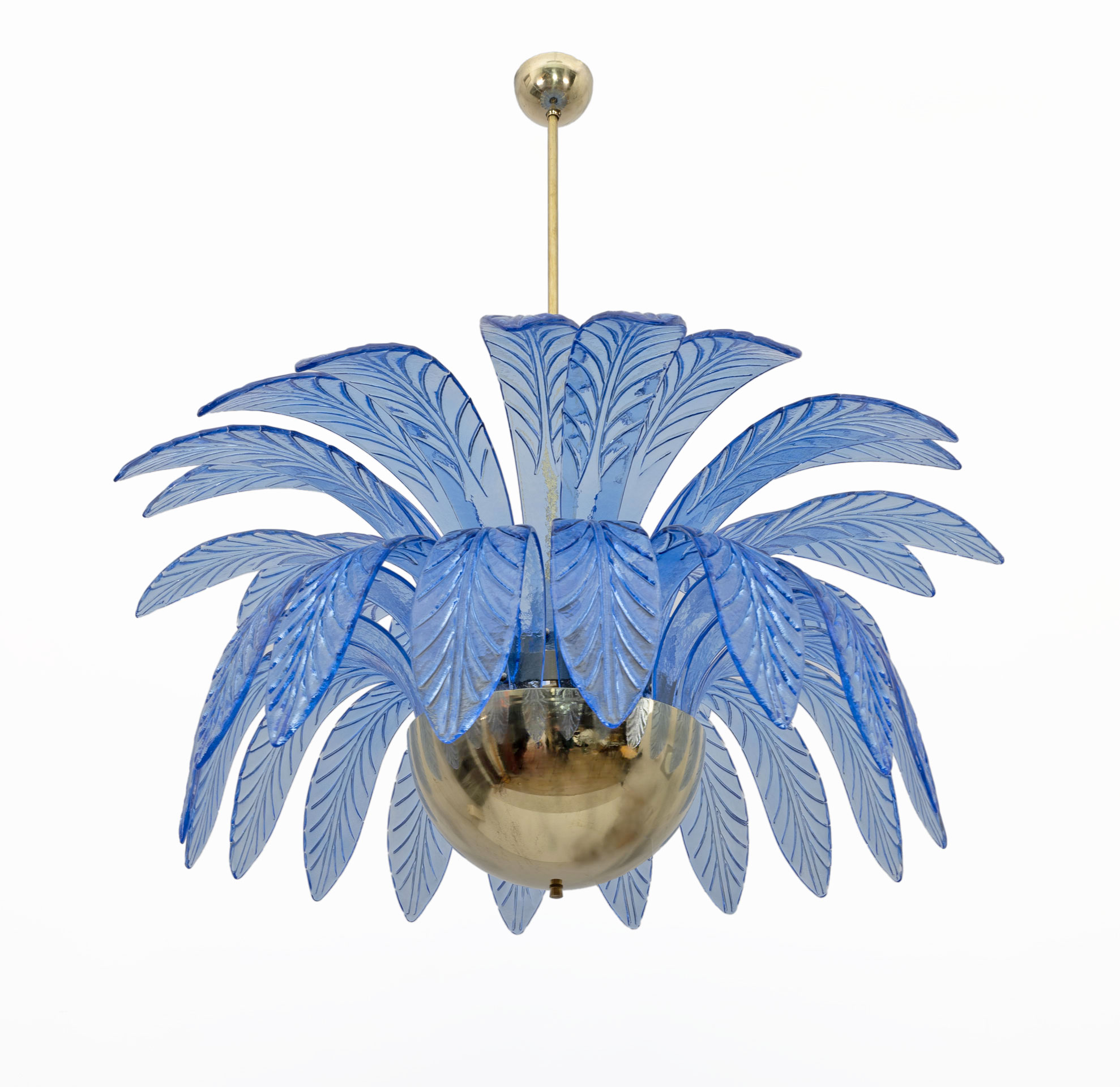 Mid-Century Modern Palm Leaves Big Chandelier Murano Glass and Brass, 1970s