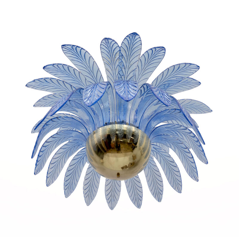 Mid-Century Modern Palm Leaves Big Chandelier Murano Glass and Brass, 1970s