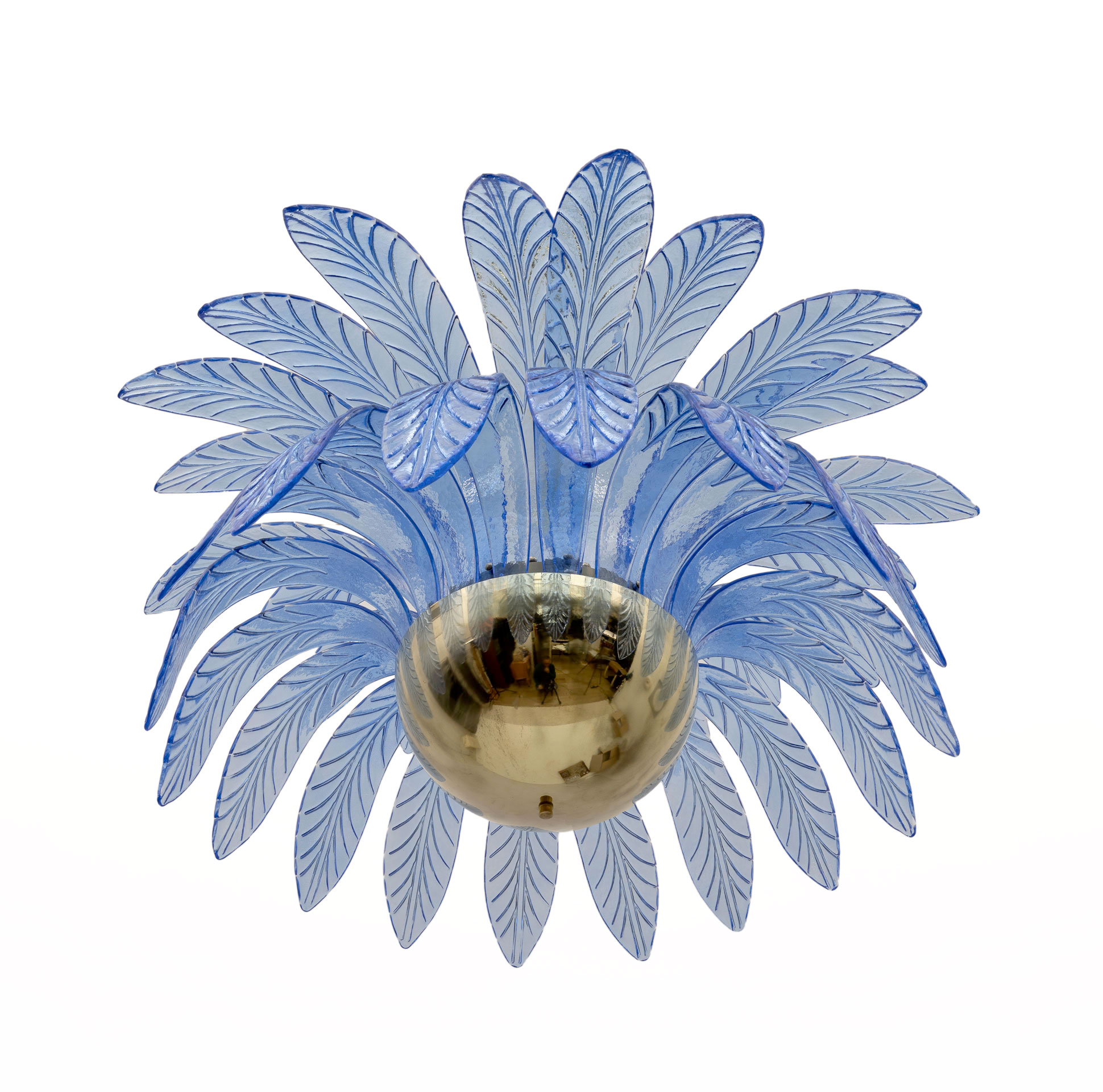 Mid-Century Modern Palm Leaves Big Chandelier Murano Glass and Brass, 1970s