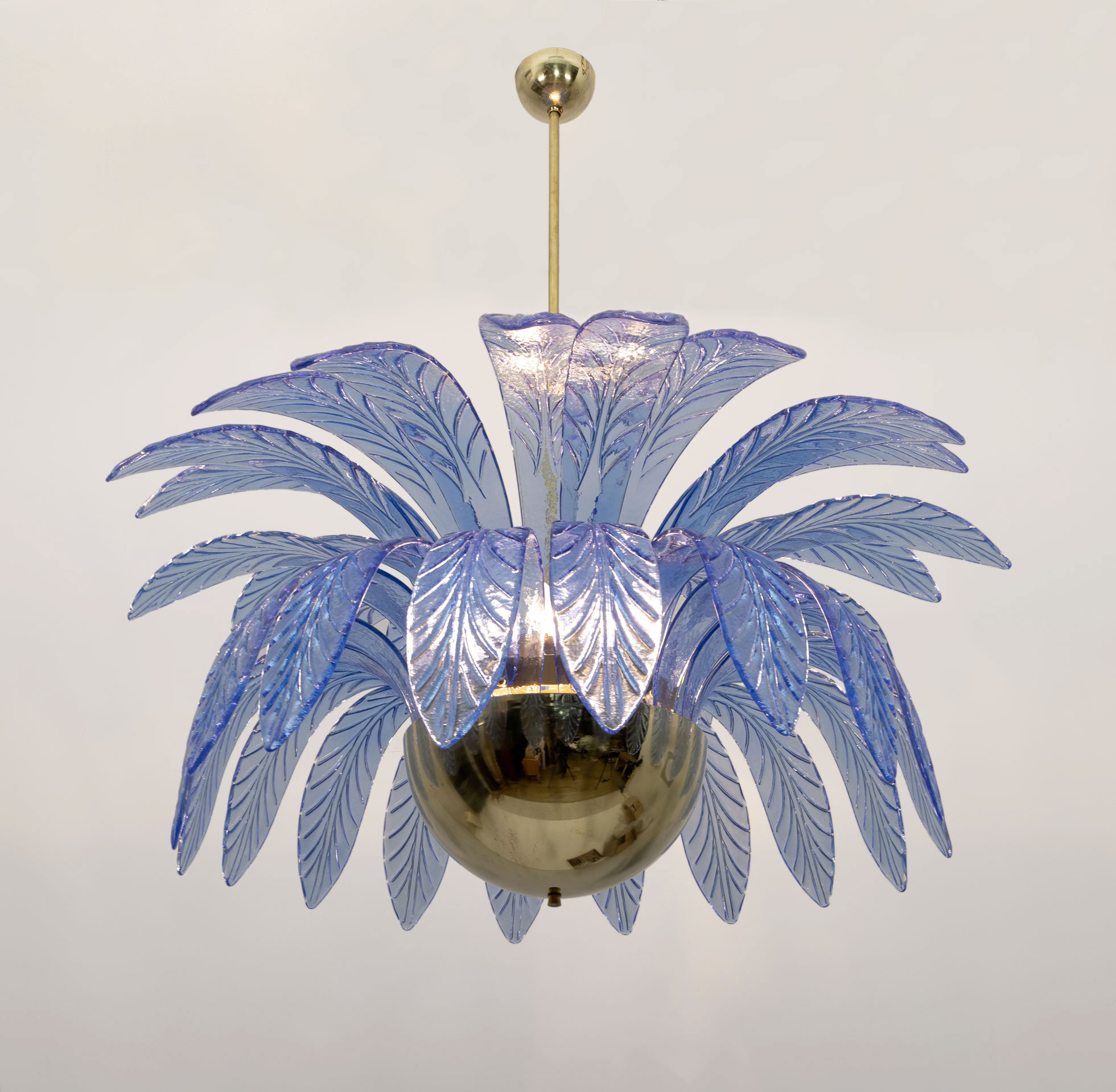Mid-Century Modern Palm Leaves Big Chandelier Murano Glass and Brass, 1970s