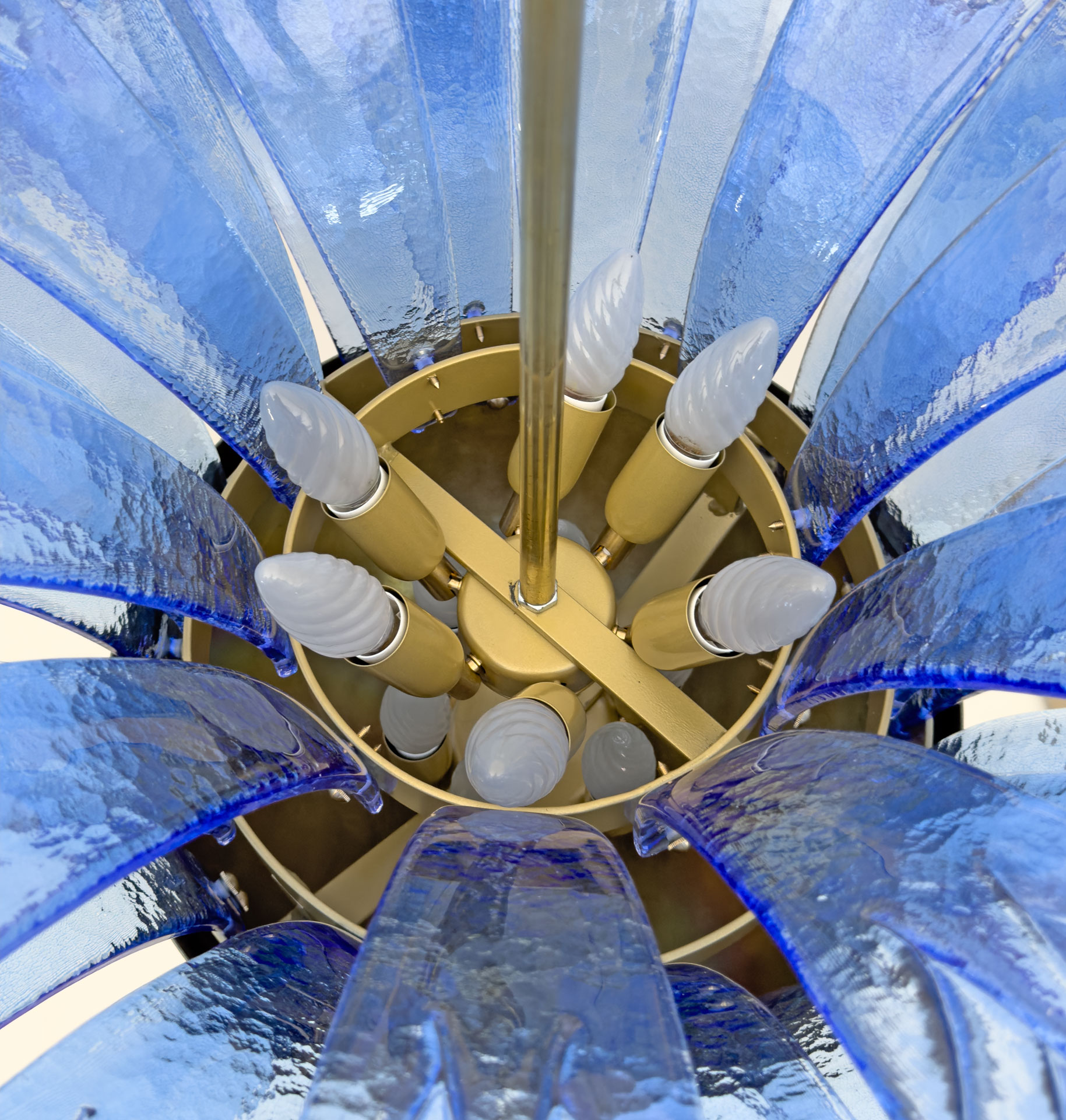 Mid-Century Modern Palm Leaves Big Chandelier Murano Glass and Brass, 1970s