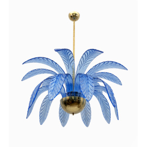Mid-Century Modern Palm Leaves Chandelier Light Blue Murano Glass and Brass, 70s