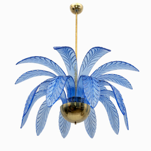 Mid-Century Modern Palm Leaves Chandelier Light Blue Murano Glass and Brass, 70s