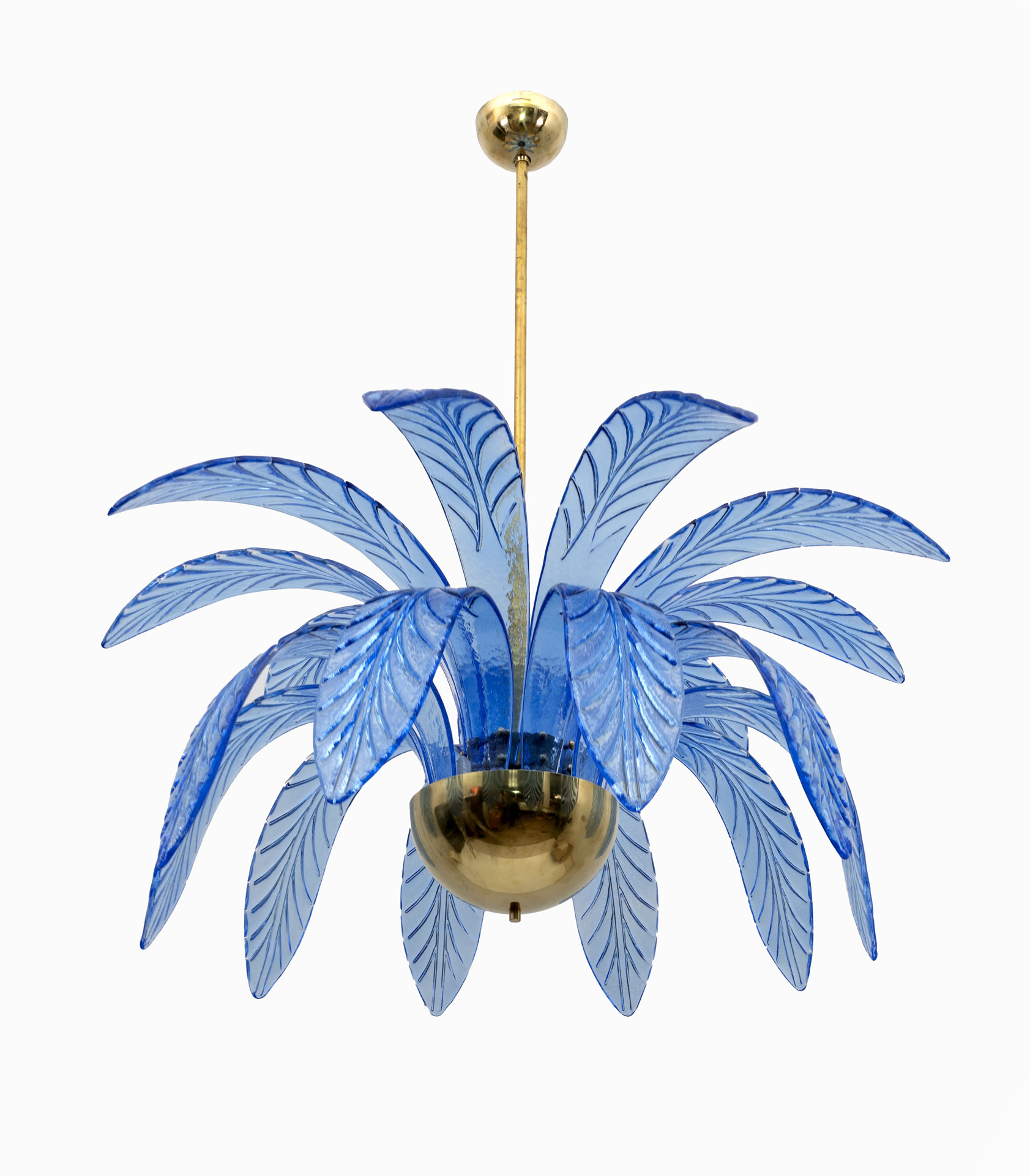 Mid-Century Modern Palm Leaves Chandelier Light Blue Murano Glass and Brass, 70s