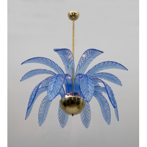 Mid-Century Modern Palm Leaves Chandelier Light Blue Murano Glass and Brass, 70s