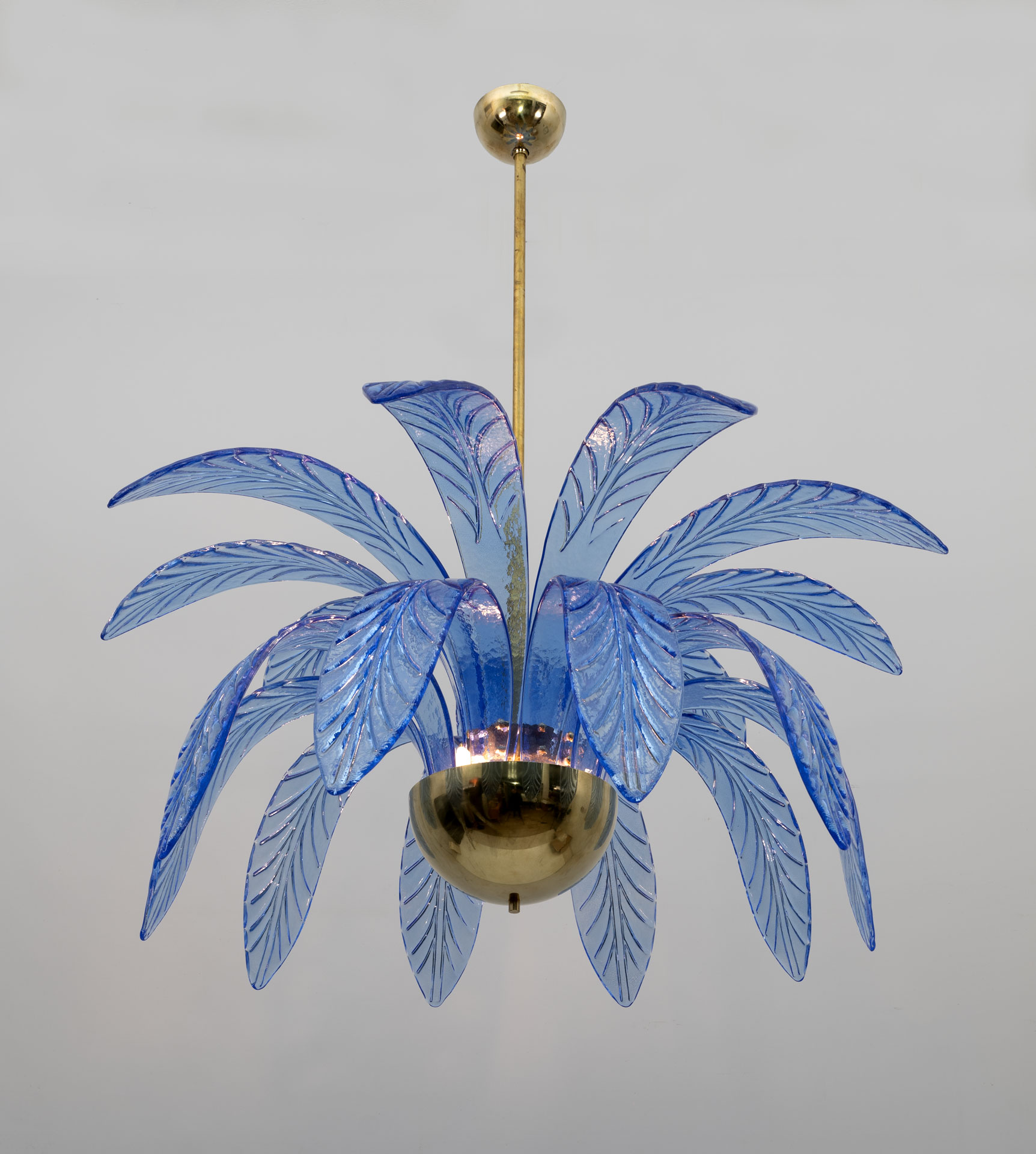 Mid-Century Modern Palm Leaves Chandelier Light Blue Murano Glass and Brass, 70s