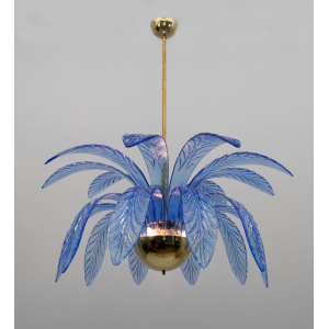 Mid-Century Modern Palm Leaves Chandelier Light Blue Murano Glass and Brass, 70s