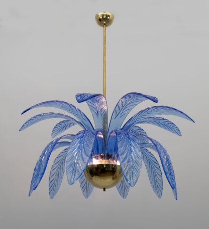 Mid-Century Modern Palm Leaves Chandelier Light Blue Murano Glass and Brass, 70s - Image 4