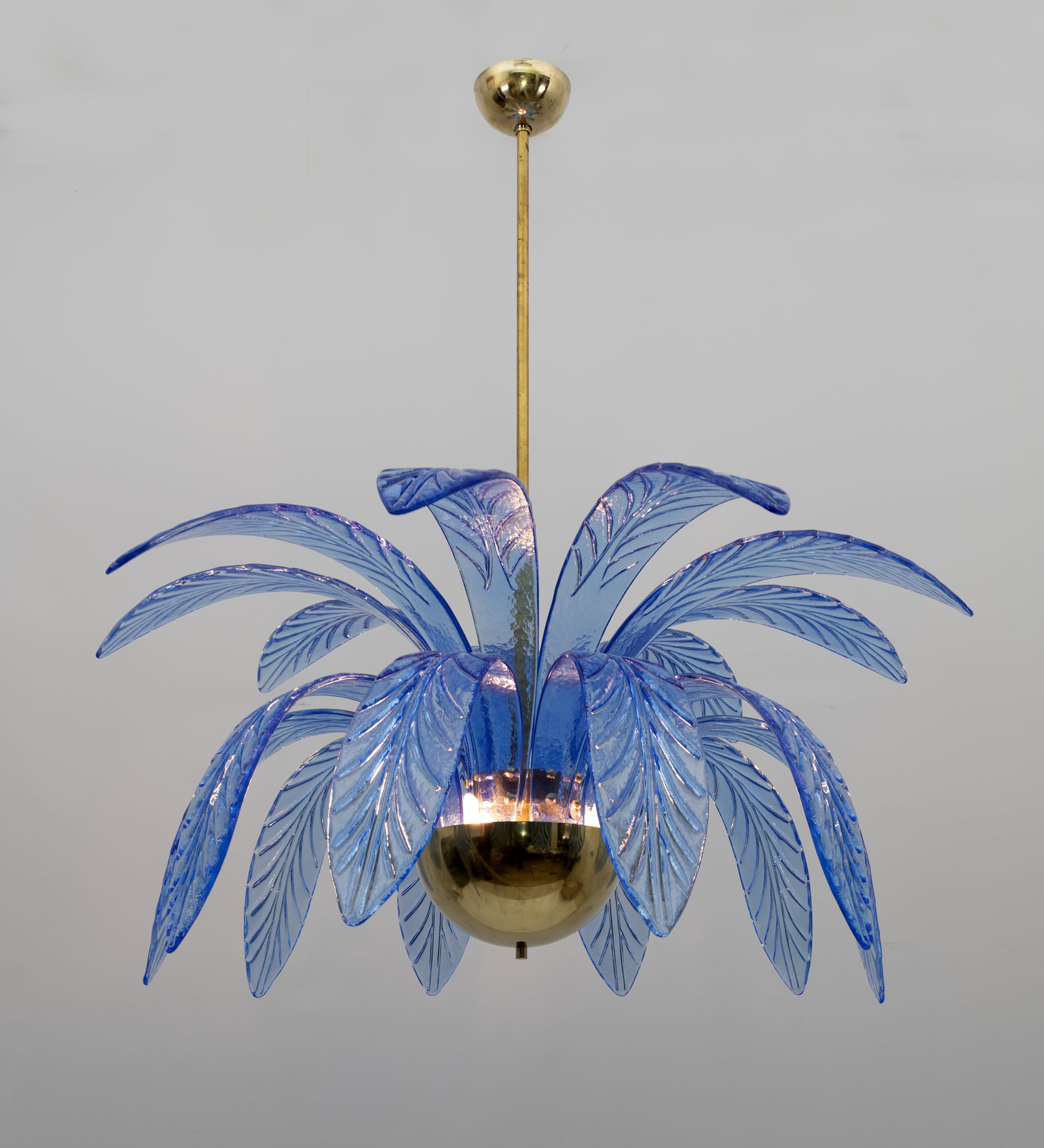 Mid-Century Modern Palm Leaves Chandelier Light Blue Murano Glass and Brass, 70s