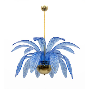 Mid-Century Modern Palm Leaves Chandelier Light Blue Murano Glass and Brass, 70s