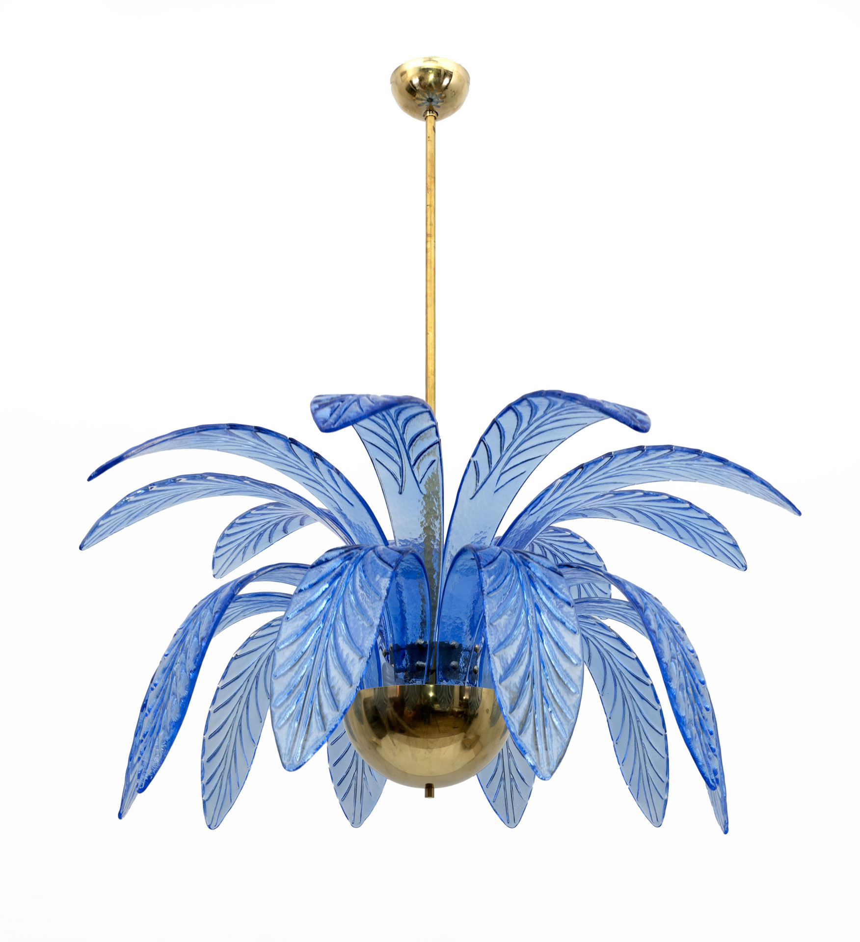 Mid-Century Modern Palm Leaves Chandelier Light Blue Murano Glass and Brass, 70s