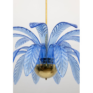 Mid-Century Modern Palm Leaves Chandelier Light Blue Murano Glass and Brass, 70s