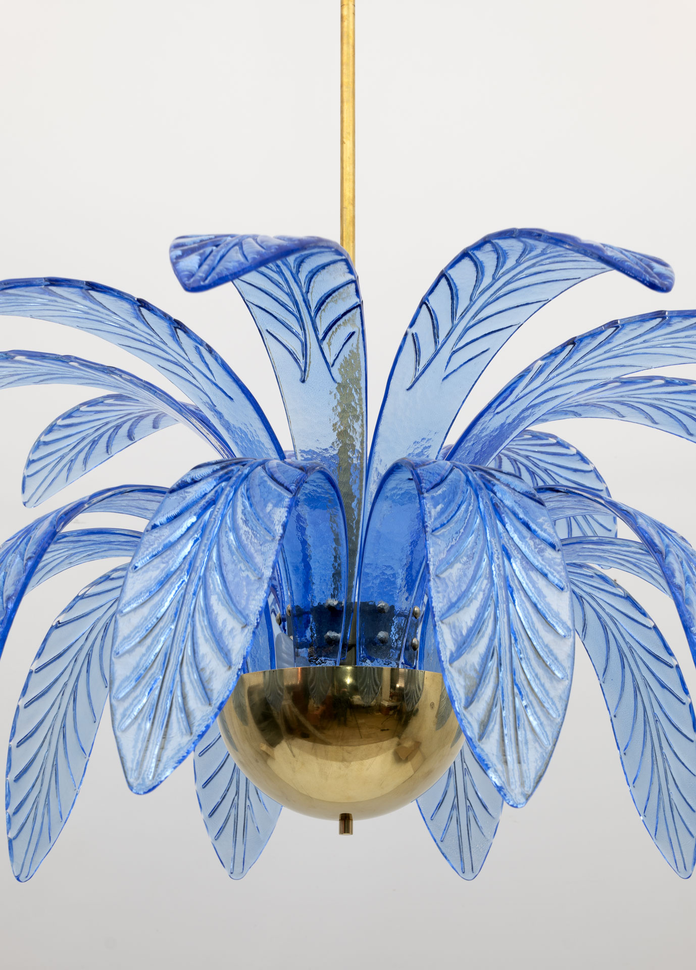 Mid-Century Modern Palm Leaves Chandelier Light Blue Murano Glass and Brass, 70s