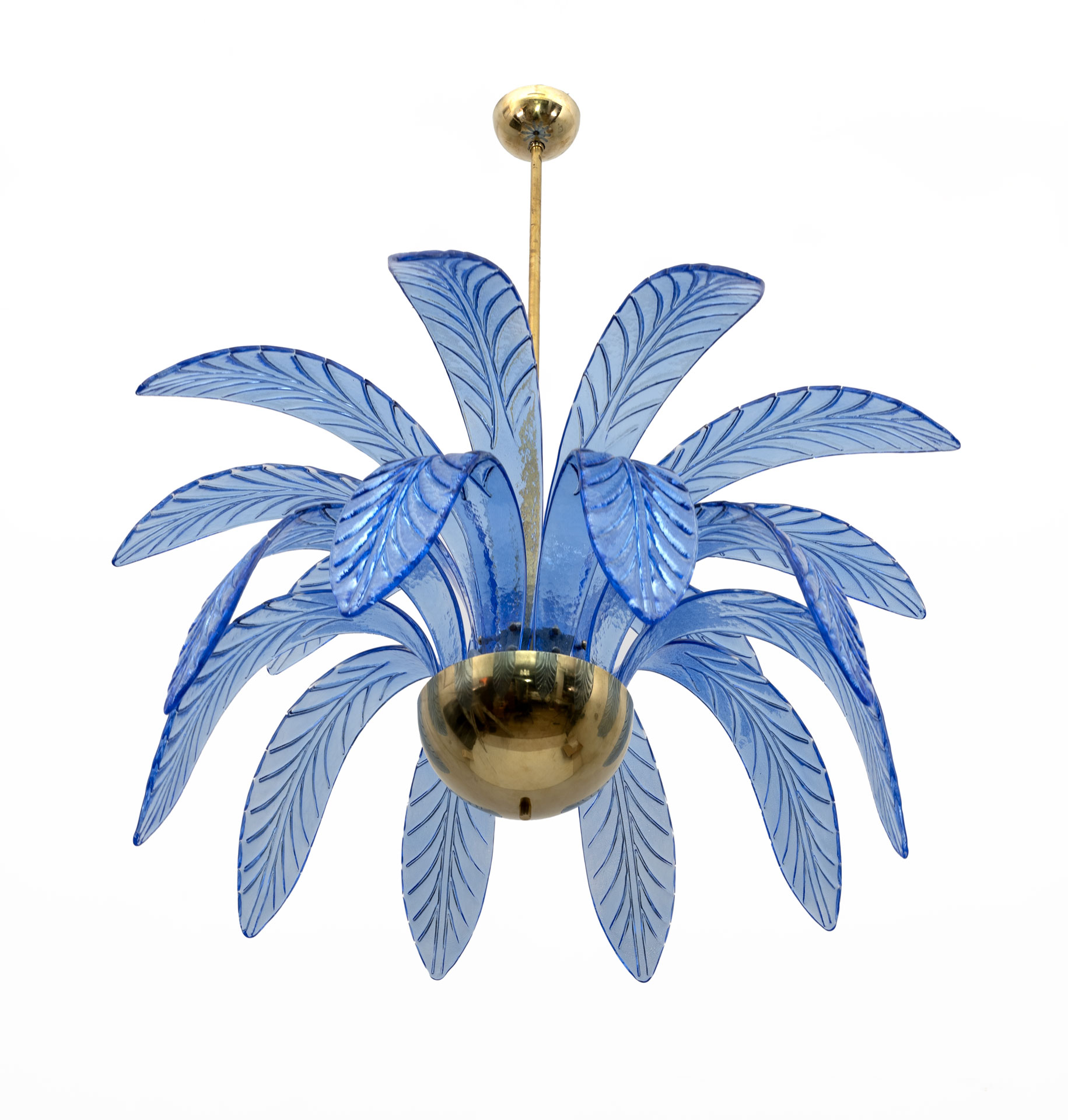 Mid-Century Modern Palm Leaves Chandelier Light Blue Murano Glass and Brass, 70s