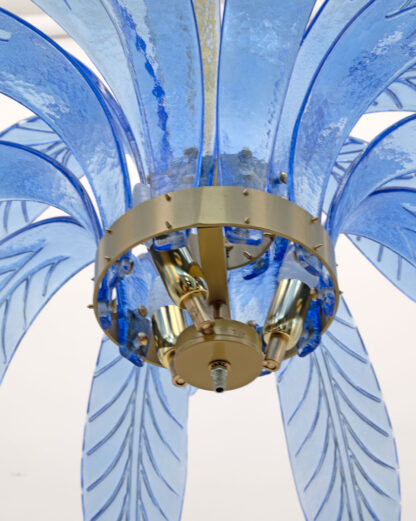 Mid-Century Modern Palm Leaves Chandelier Light Blue Murano Glass and Brass, 70s - Image 8