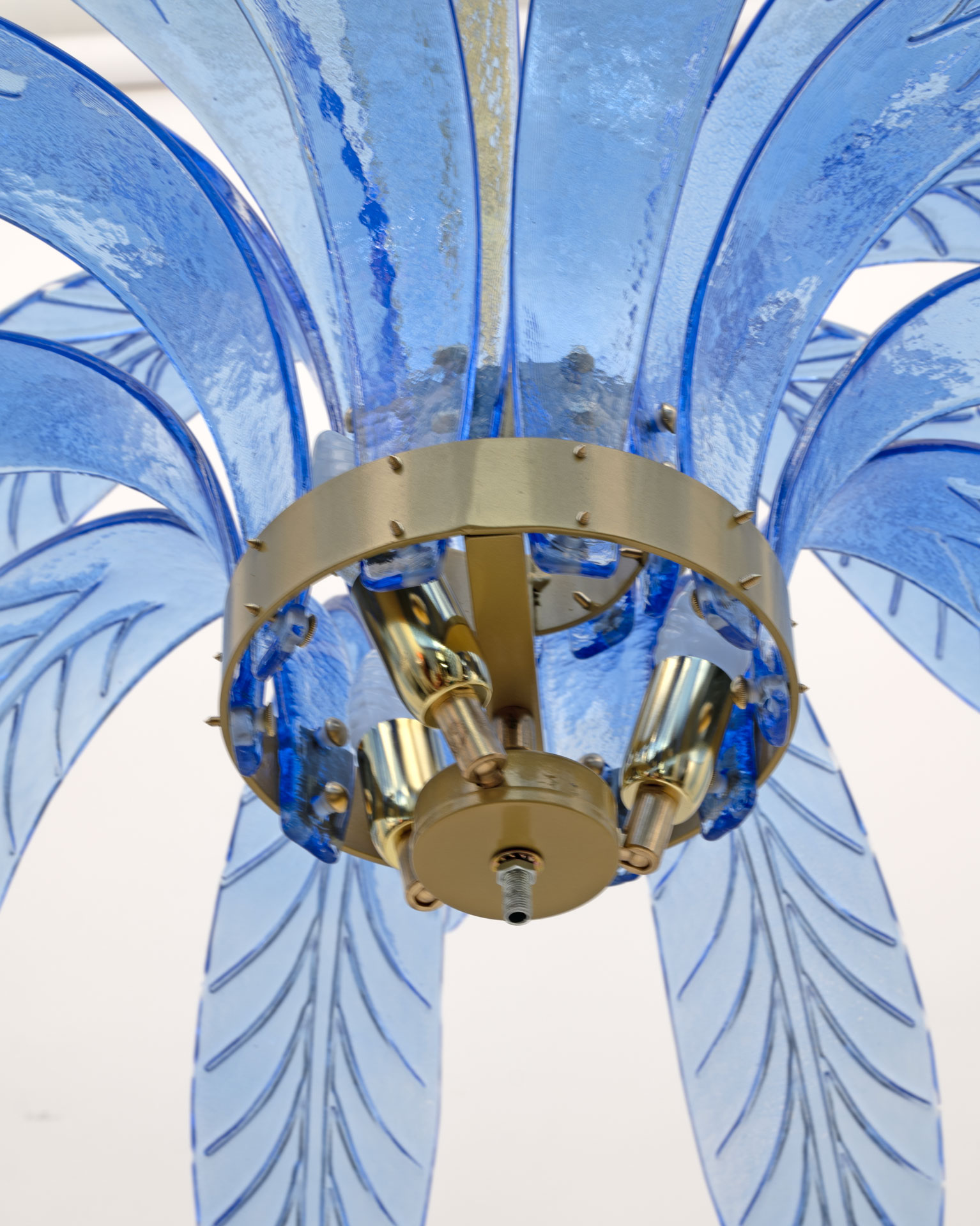 Mid-Century Modern Palm Leaves Chandelier Light Blue Murano Glass and Brass, 70s