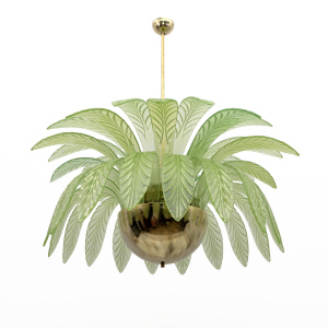 Mid-Century Modern Palm Leaves Big Chandelier Murano Glass and Brass, 1970s