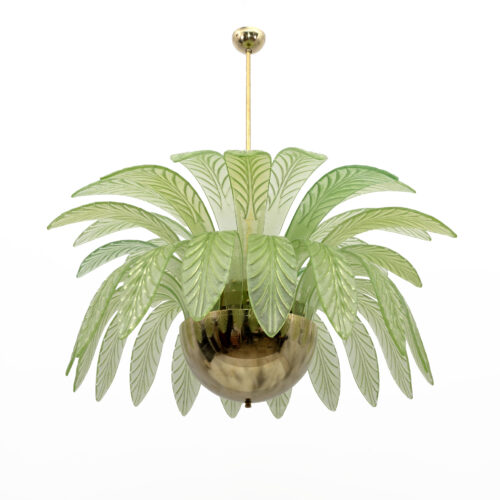 Mid-Century Modern Palm Leaves Big Chandelier Murano Glass and Brass, 1970s