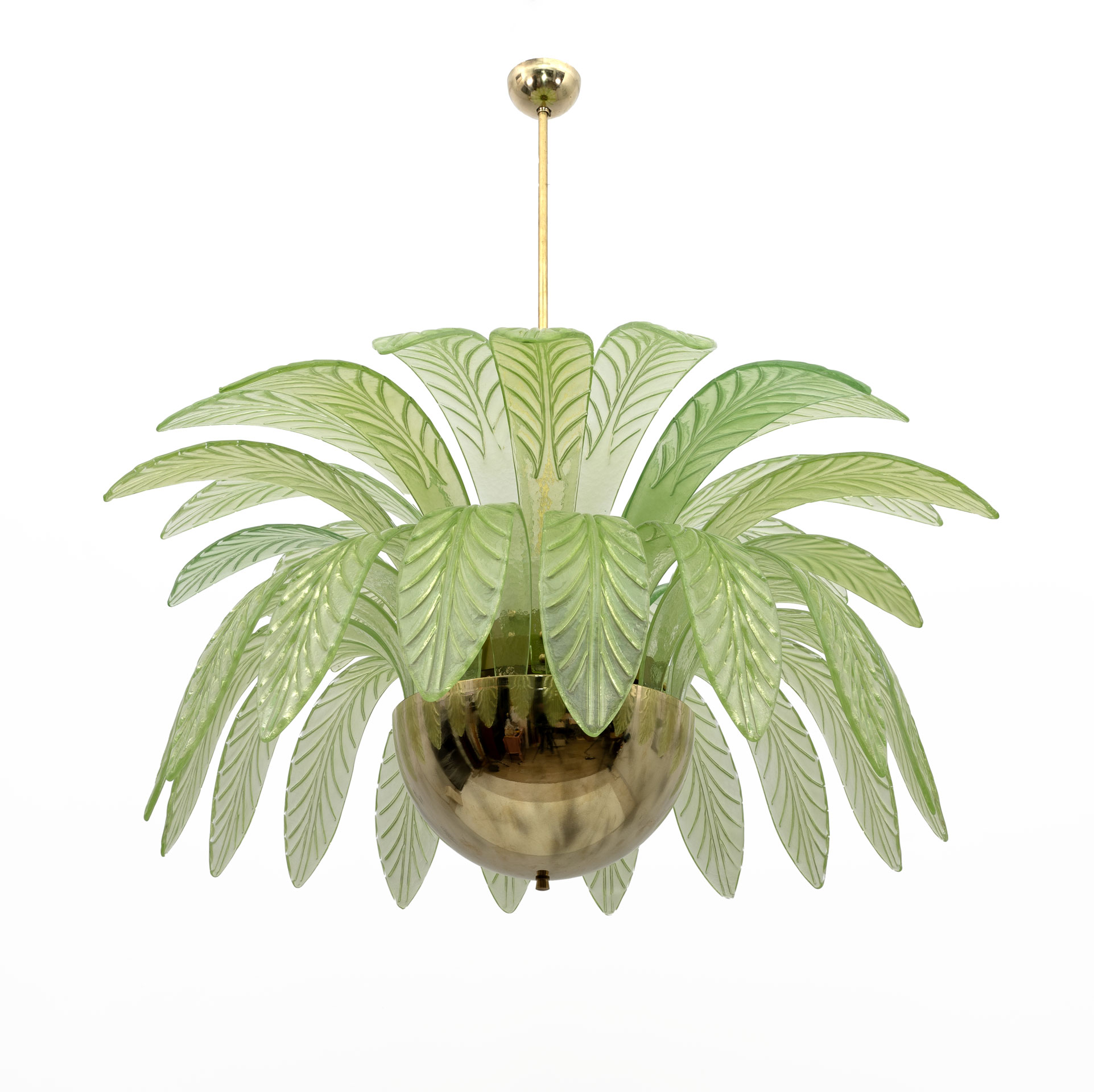 Mid-Century Modern Palm Leaves Big Chandelier Murano Glass and Brass, 1970s