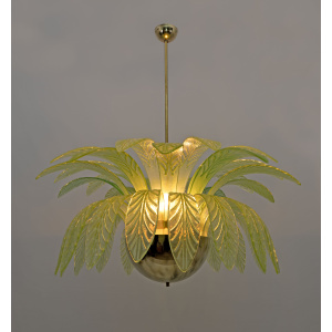 Mid-Century Modern Palm Leaves Big Chandelier Murano Glass and Brass, 1970s