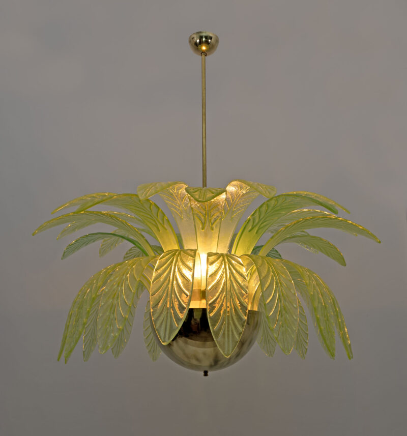 Mid-Century Modern Palm Leaves Big Chandelier Murano Glass and Brass, 1970s