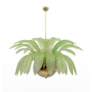 Mid-Century Modern Palm Leaves Big Chandelier Murano Glass and Brass, 1970s