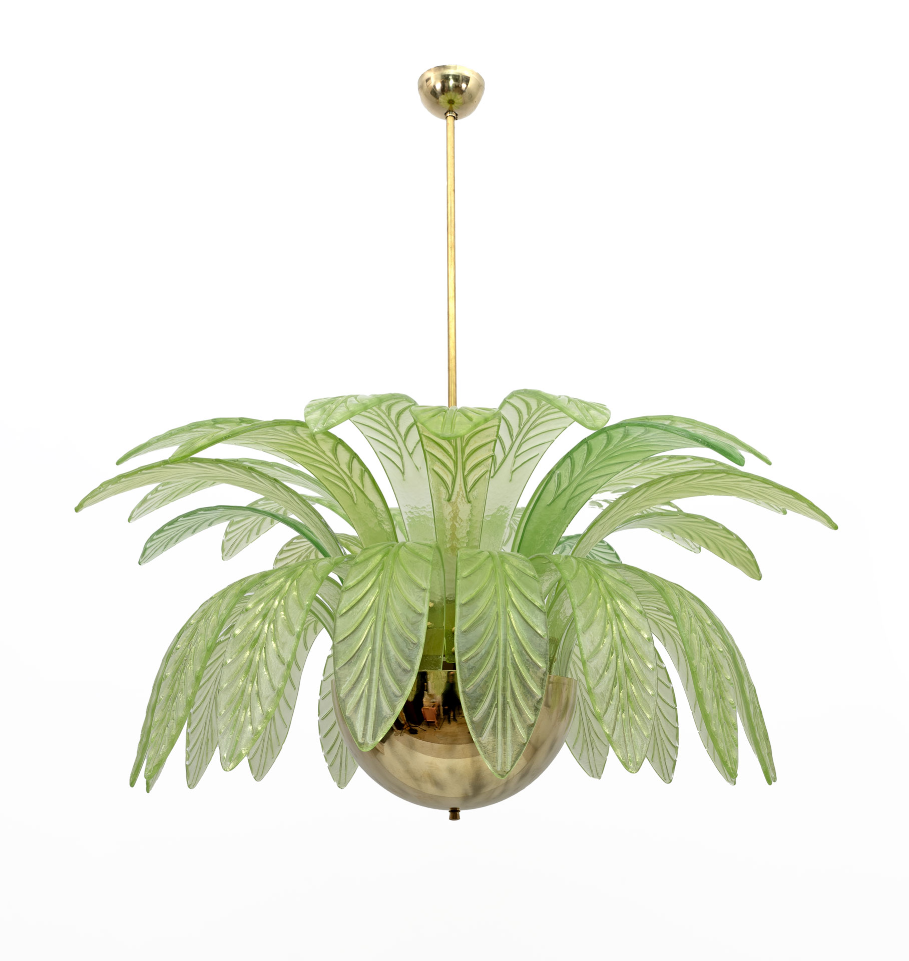 Mid-Century Modern Palm Leaves Big Chandelier Murano Glass and Brass, 1970s