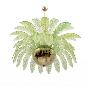 Mid-Century Modern Palm Leaves Big Chandelier Murano Glass and Brass, 1970s