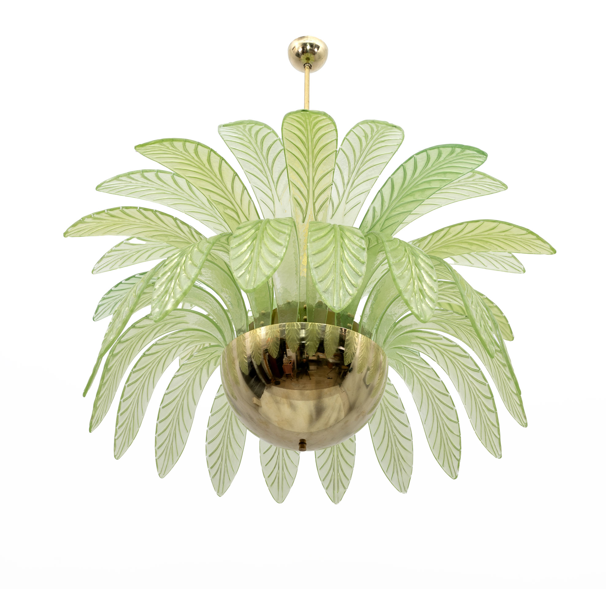 Mid-Century Modern Palm Leaves Big Chandelier Murano Glass and Brass, 1970s