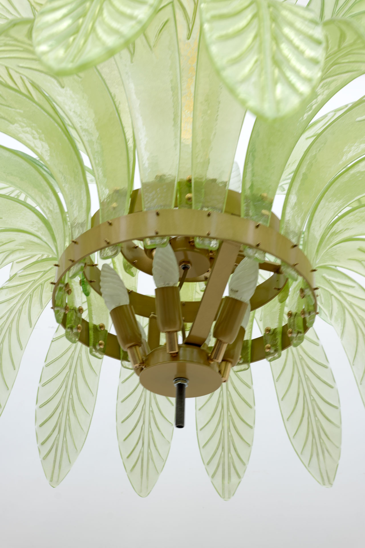 Mid-Century Modern Palm Leaves Big Chandelier Murano Glass and Brass, 1970s