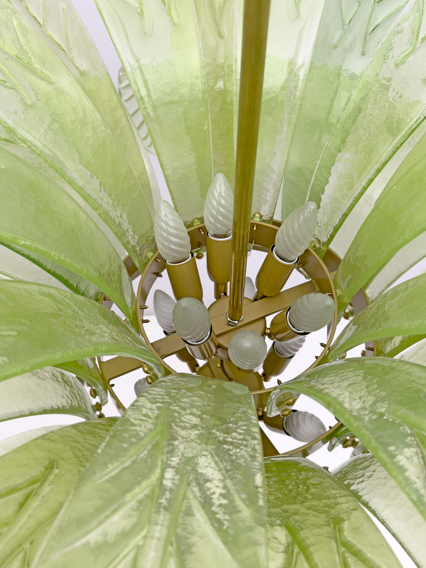 Mid-Century Modern Palm Leaves Big Chandelier Murano Glass and Brass, 1970s