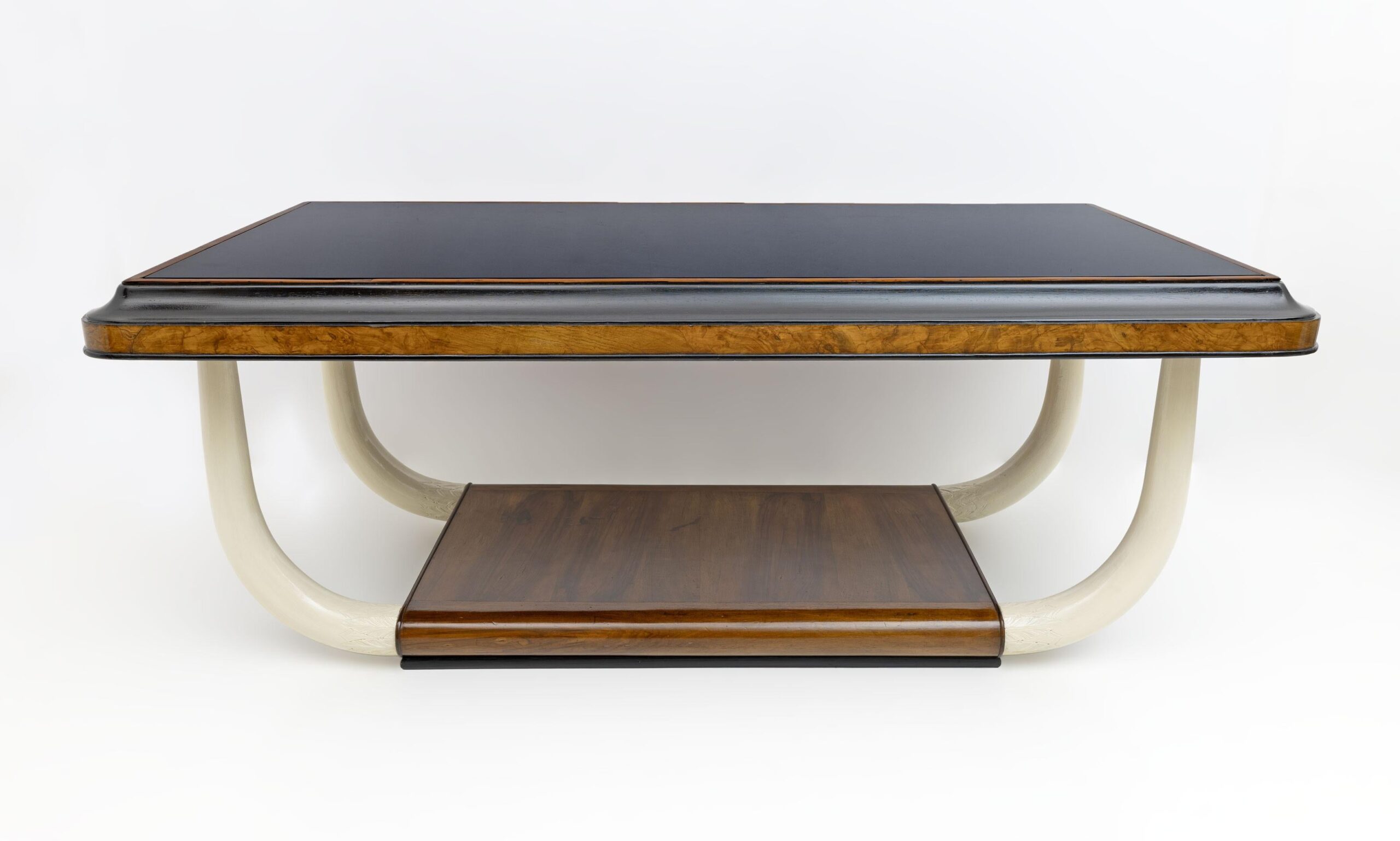 Art Deco Italian Walnut and Top Glass Table with Elephant Tusk Legs, 30s